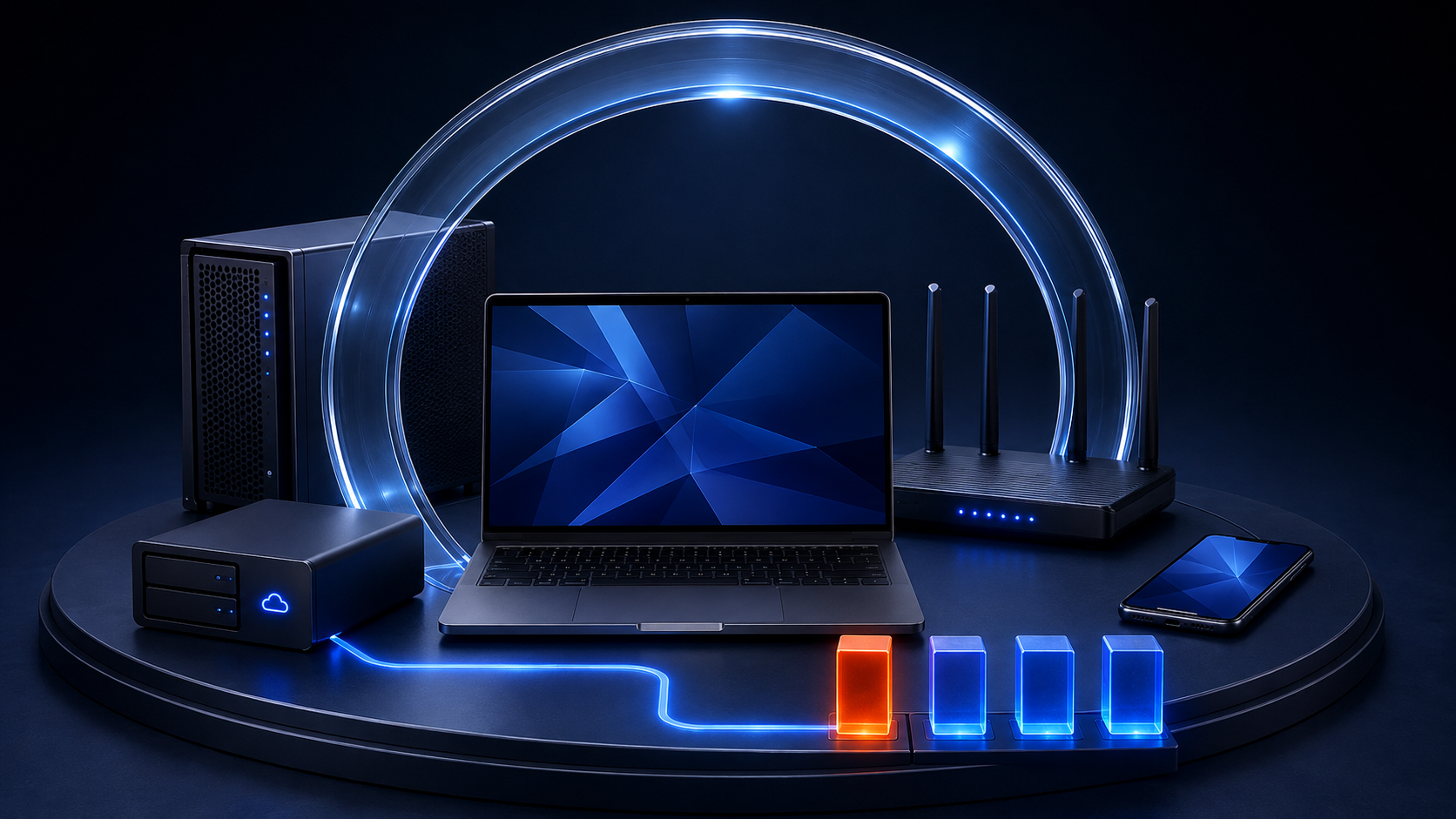 Business IT infrastructure with secure network, cloud storage, router, server and connected devices
