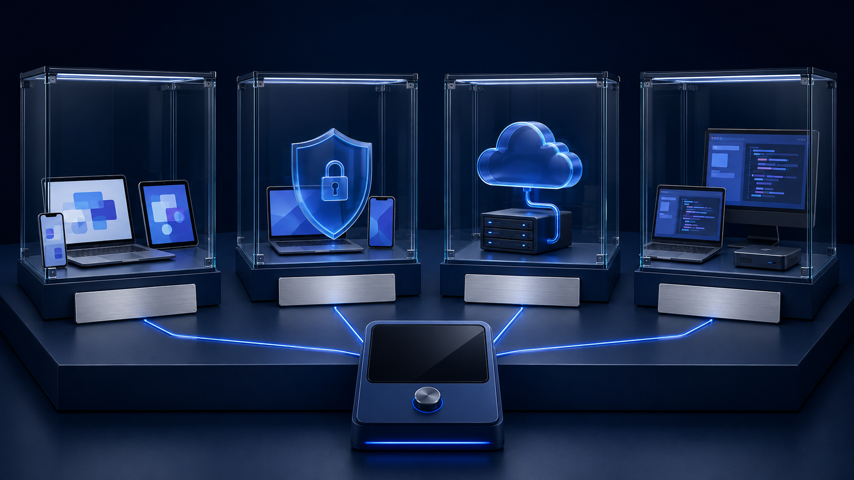 Business IT solutions featuring cybersecurity, cloud services, device management and managed IT support