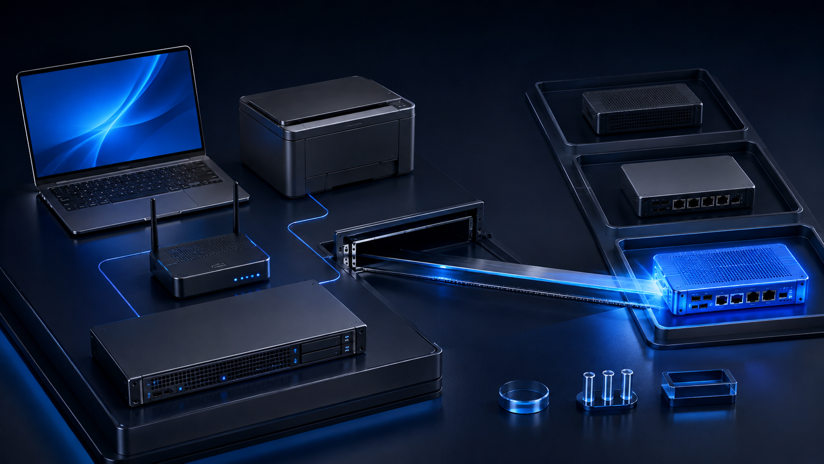 Business IT infrastructure with network equipment, servers, router, firewall and connected office devices
