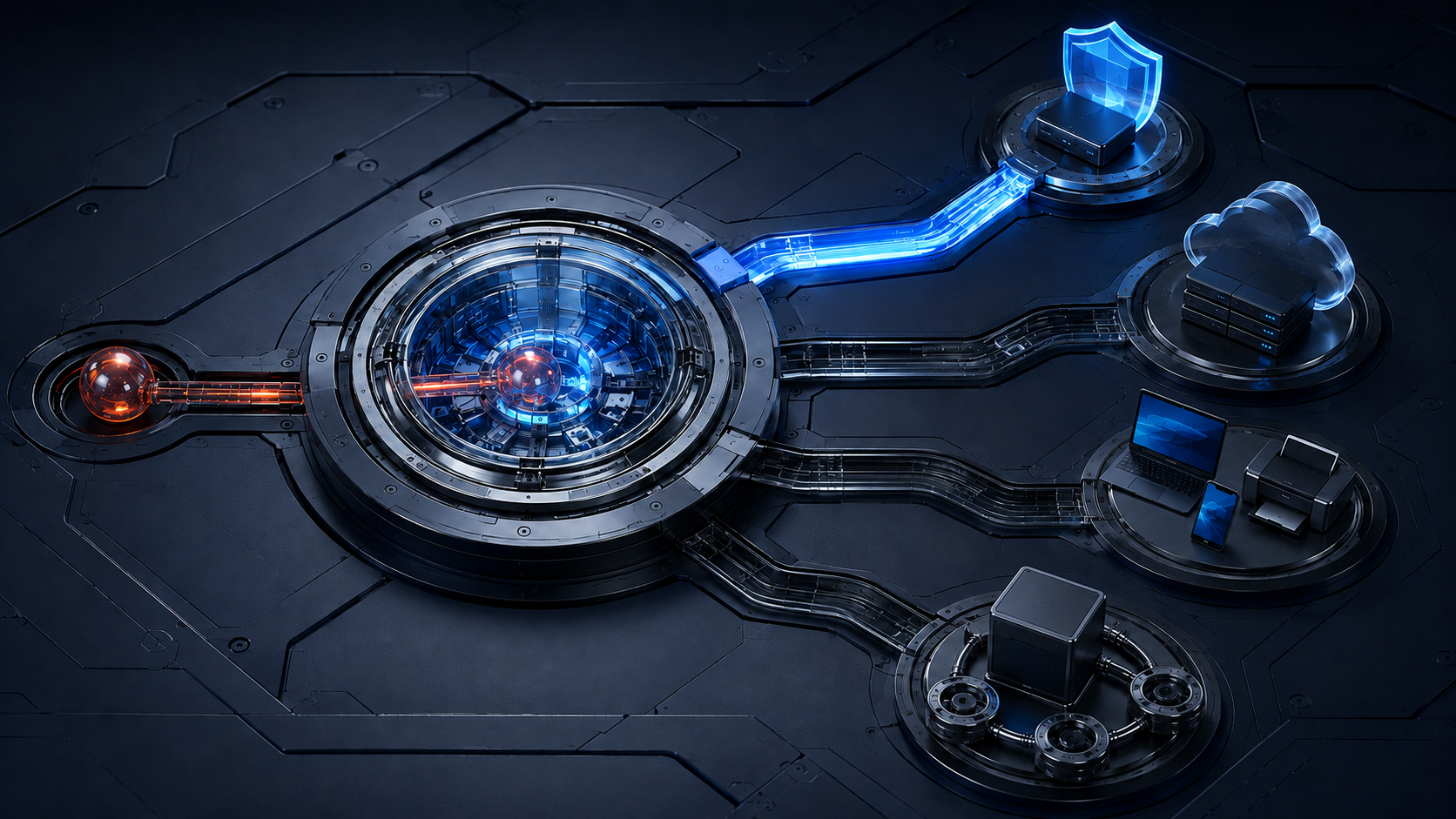 Secure business network connecting cybersecurity, cloud servers, office devices and IT infrastructure