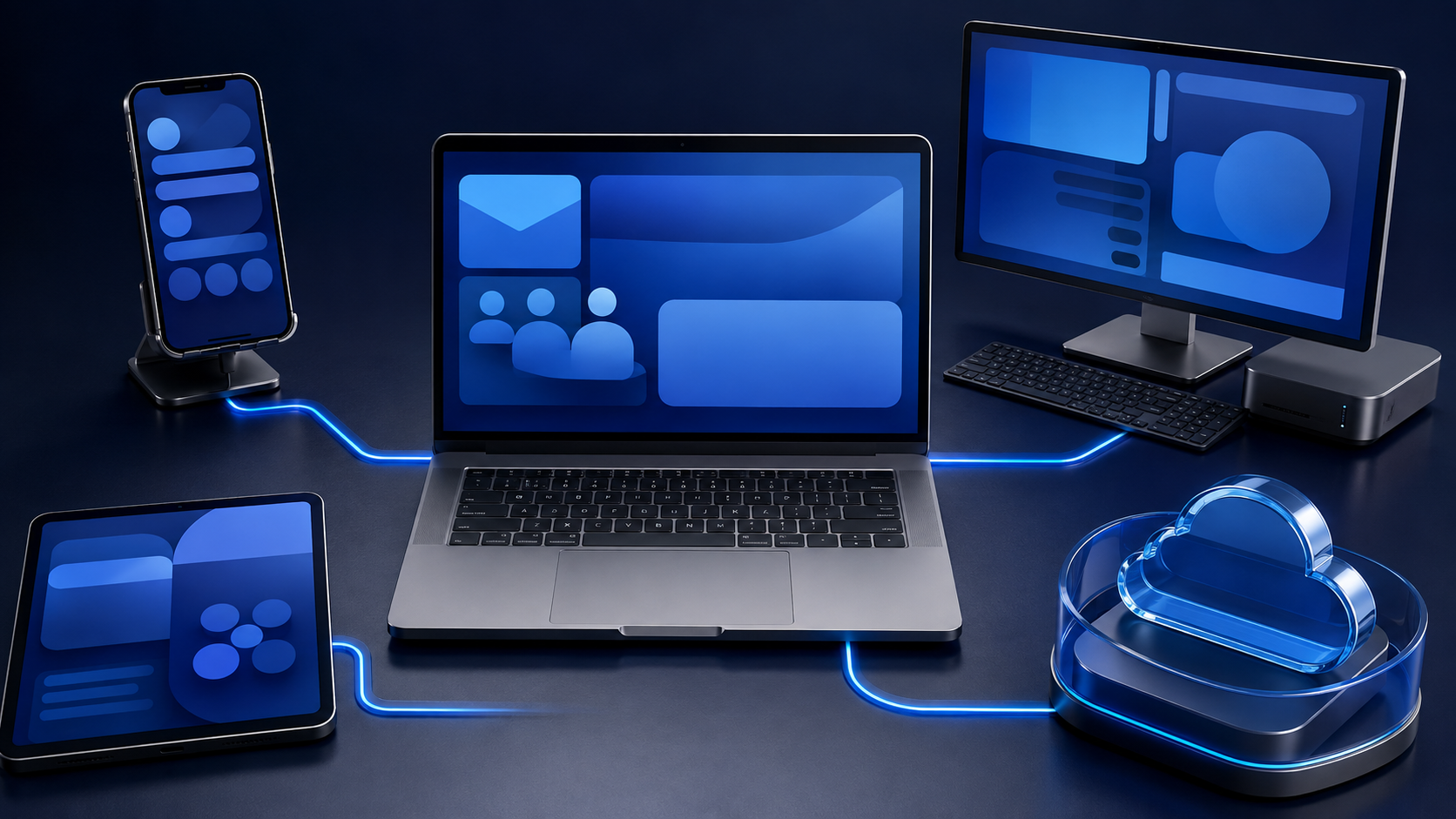 Microsoft 365 business productivity solutions with email, collaboration, cloud storage and connected workplace devices