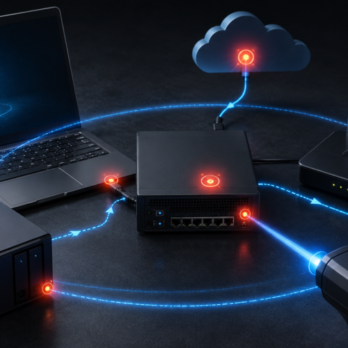 Secure business network with cloud connectivity, firewall protection, data storage and connected IT devices