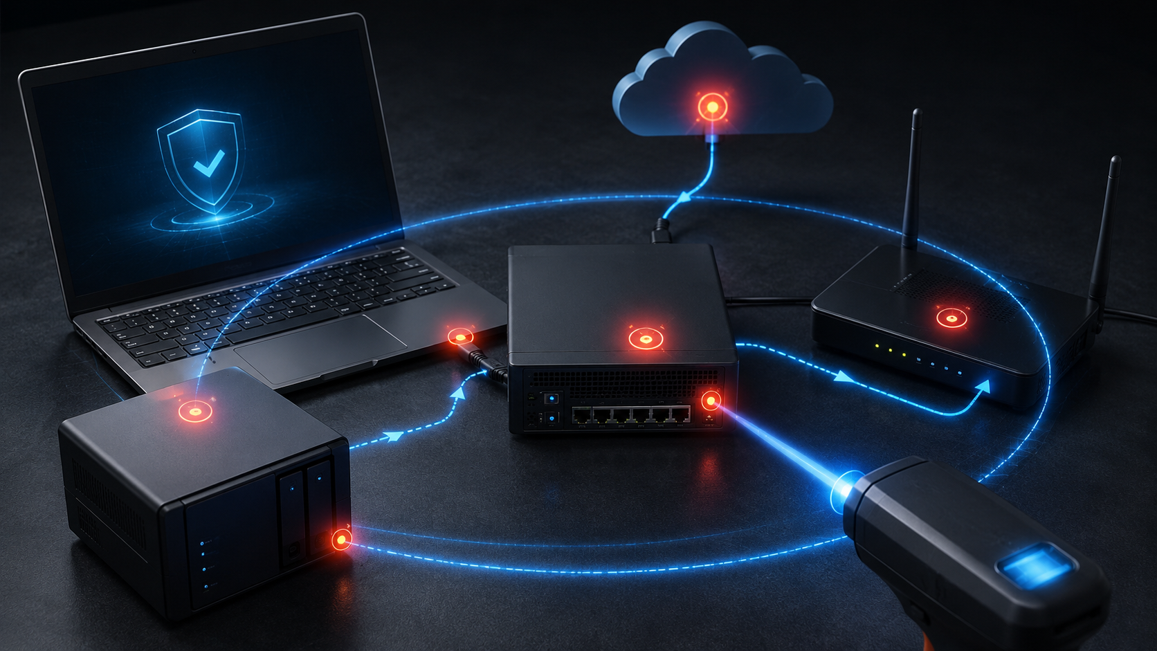 Secure business network with cloud connectivity, firewall protection, data storage and connected IT devices