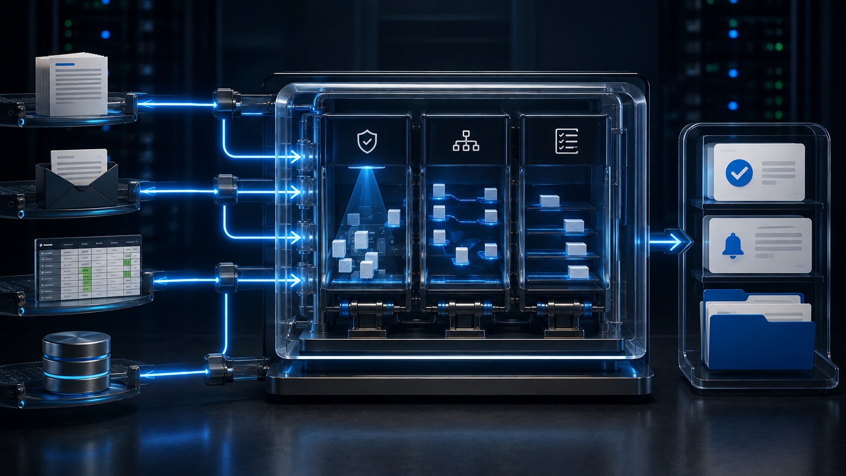 Business workflow automation system processing documents, emails, data and notifications
