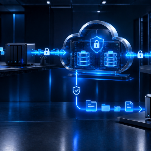 Secure cloud backup system connecting business computers, servers and network storage