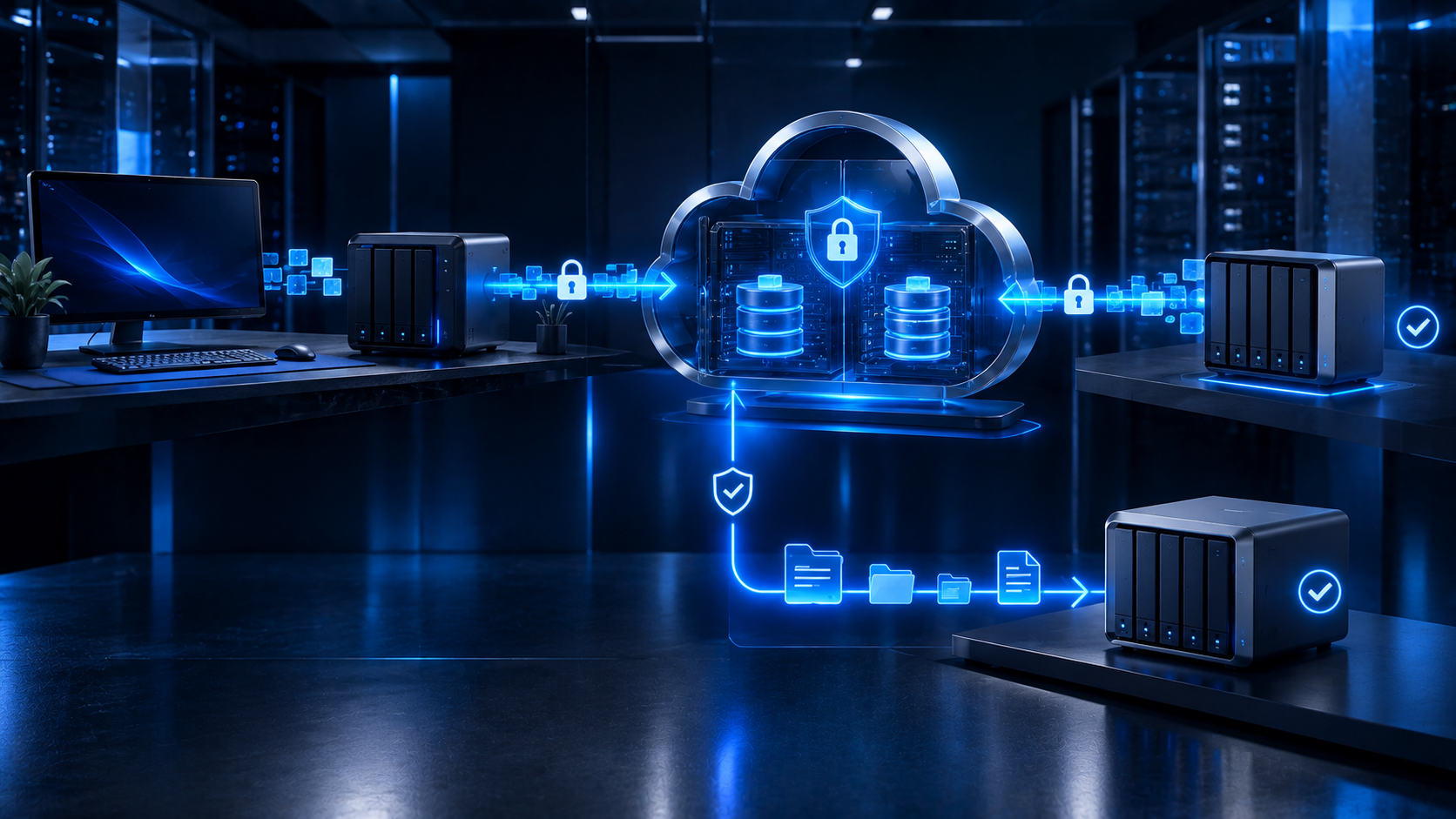 Secure cloud backup system connecting business computers, servers and network storage
