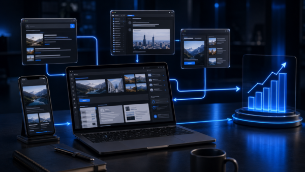 responsive-business-website-digital-growth Responsive business website and digital platform connected across desktop and mobile devices with growth analytics